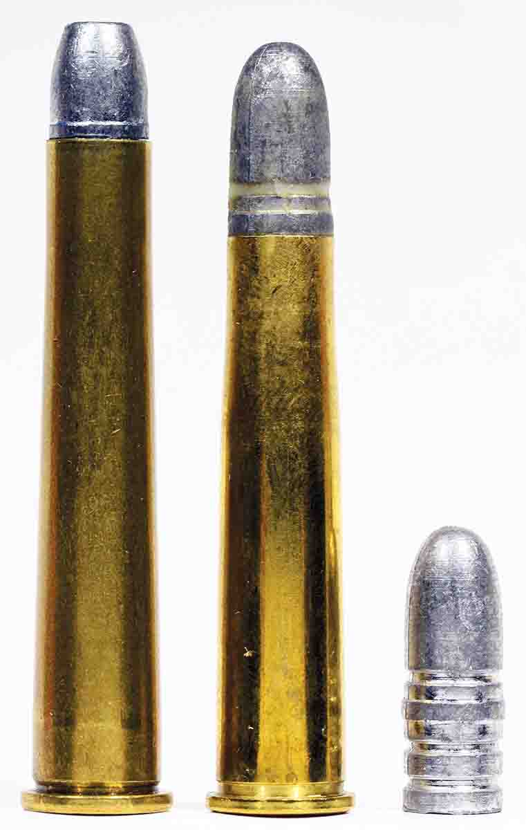 The 8.15x46R (right) bears a strong resemblance, both physically and ballistically, to the .32-40, America’s most popular Schützen cartridge in the 1890s. The bullet is the classic German “16H” pattern, with a seating belt.